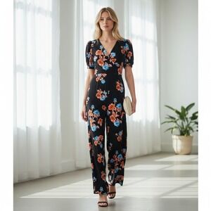 No.6 Store Silk Floral Jumpsuit Size XS Black Short Sleeve Pockets Puff Sleeves